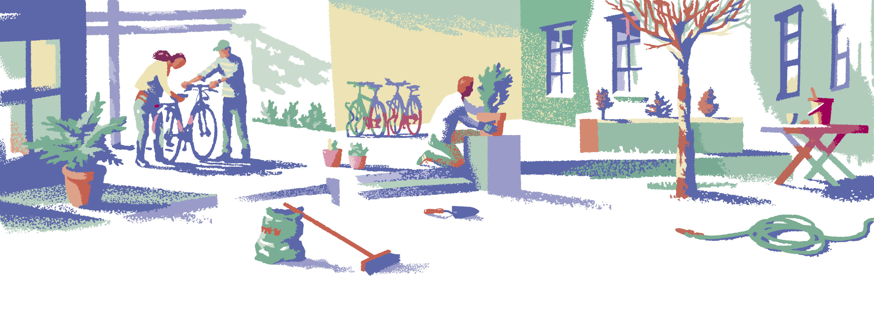 "Vår i Tyrili", illustrasjon av Trond Bredesen. Noen vasker og fikser sykler, andre planter, i en solfylt og vårlig bakgård.