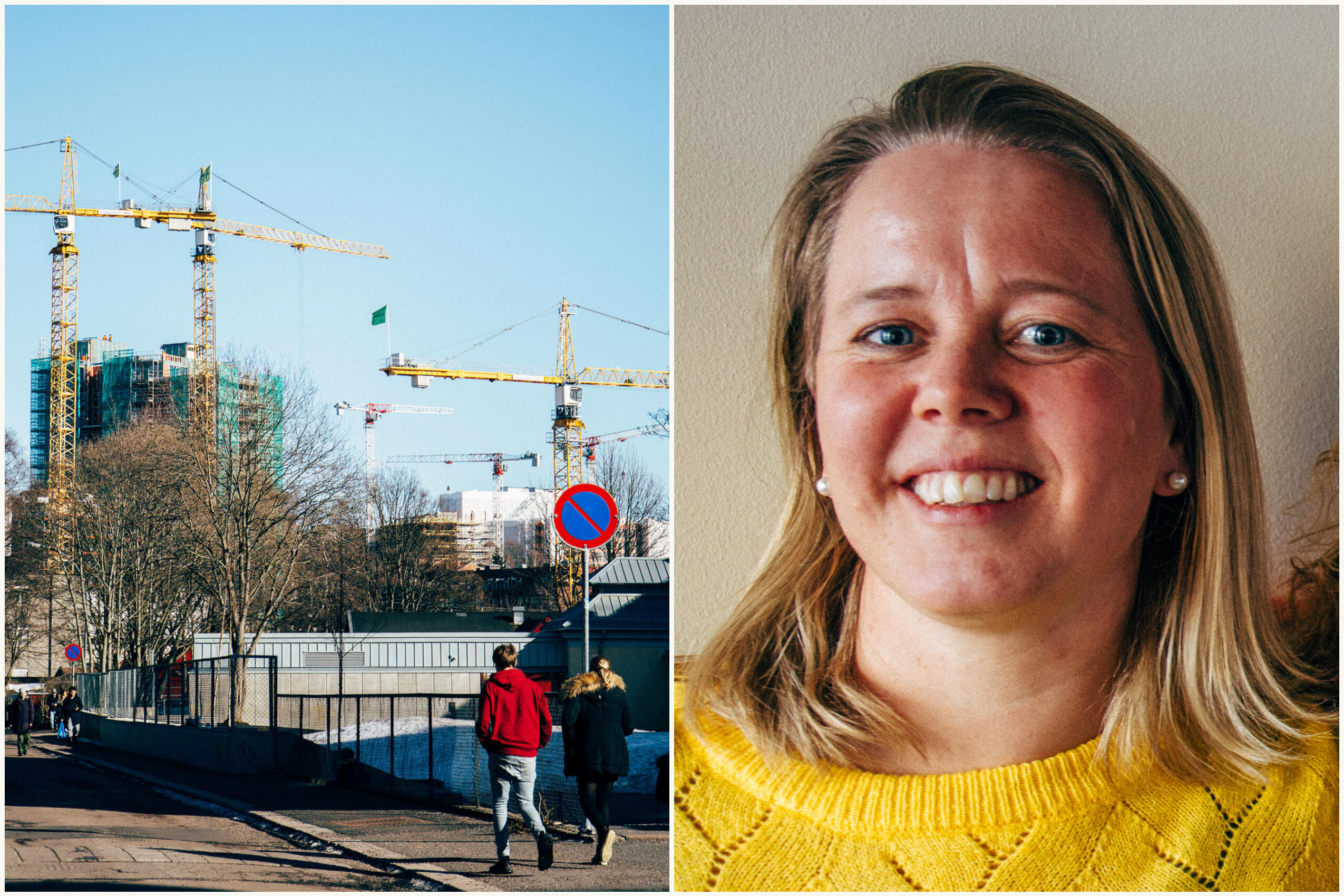 Teamleder for Tyrili IPS, Gyda Moan (t.v.) og illustrasjonsbilde av heisekraner på Ensjø i Oslo.